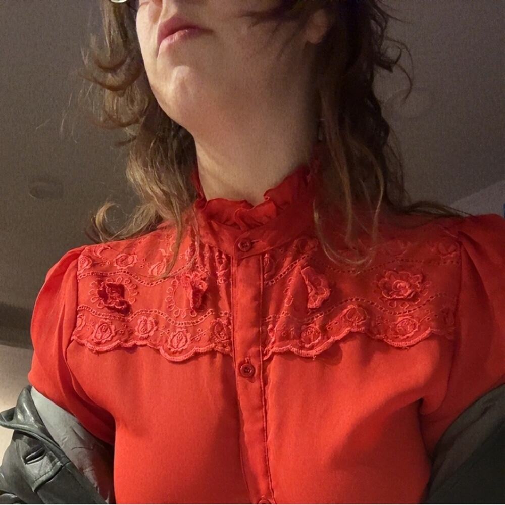 80s Red sheer button up shirt blouse